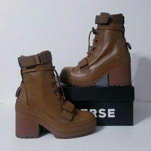 Converse Brown Ankle Boots with Chunky Heel and Lace-Up Design